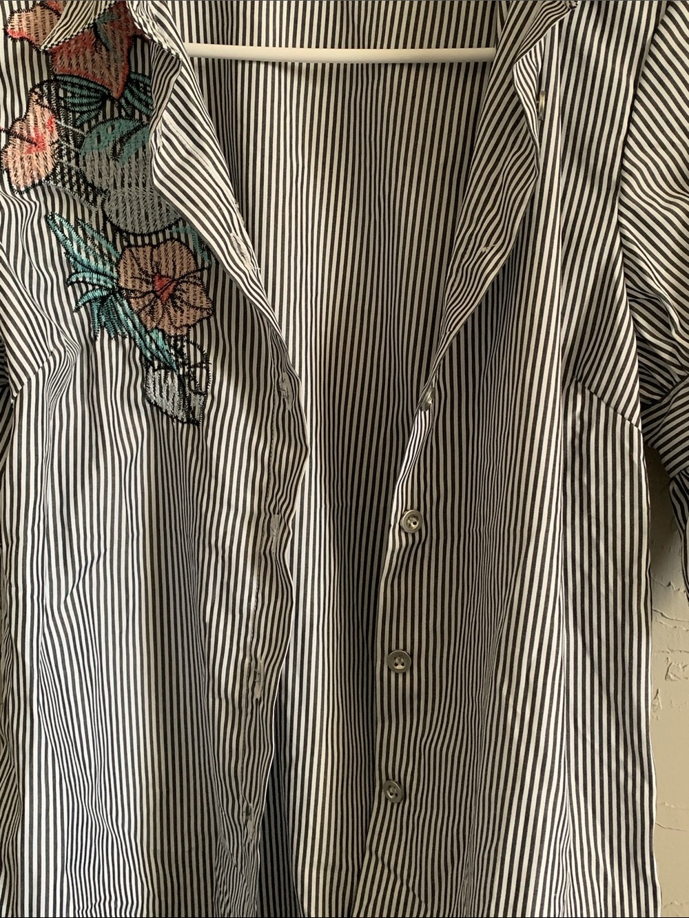 Kontrol Grey & White Striped Button Down Shirt with Floral Embroidery - Picture 7 of 11